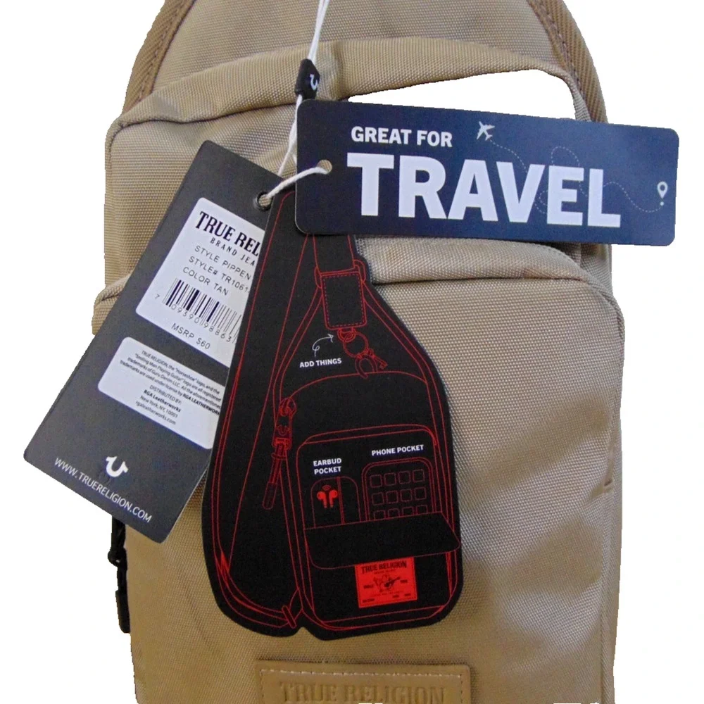 True Religion Pippen Sling Bag Tan Crossbody Backpack Travel TR10614 NWT